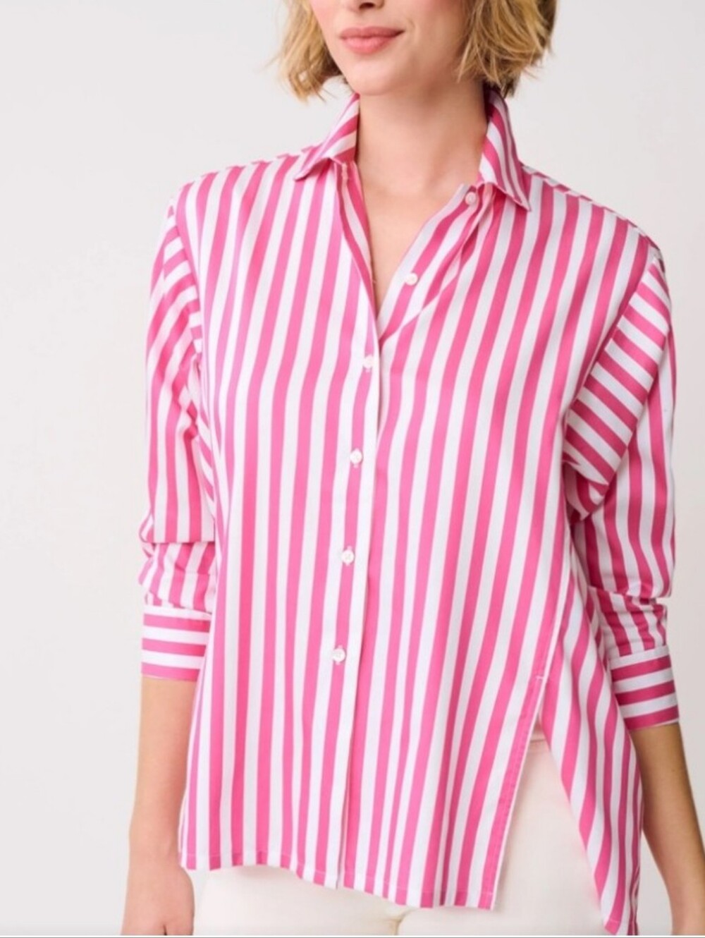 J. McLaughlin Striped Pink & White Button-Up Shirt - Women Cotton Large